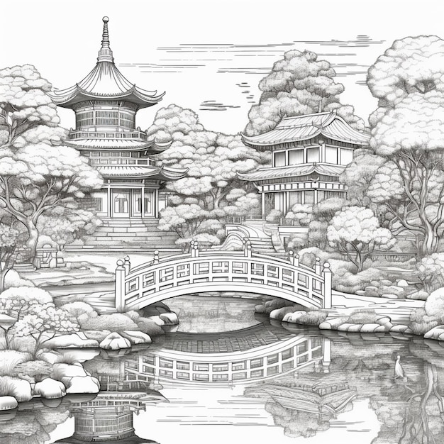 Un dessin d'un jardin japonais avec un pont et un étang