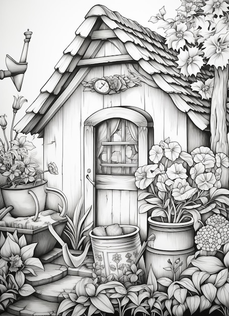 dessin d'un jardin avec une maison et des plantes en pot IA générative