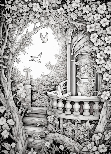 Photo dessin d'un jardin avec un oiseau et une fenêtre générative ai