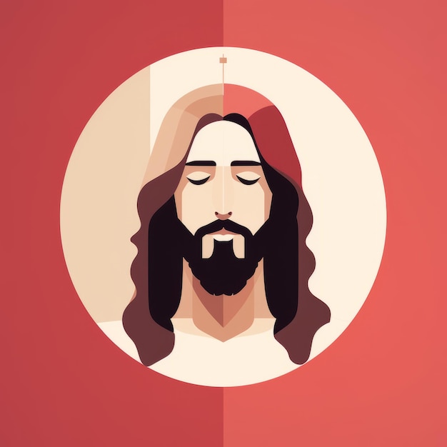 Un dessin de Jésus avec un fond rouge avec un cercle blanc au milieu