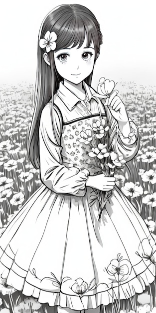 Photo un dessin d'une jeune fille dans un champ de fleurs