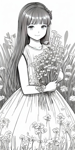 Photo un dessin d'une jeune fille tenant un bouquet de fleurs.