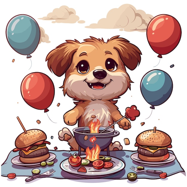 Un dessin joyeux mettant en vedette un chien appréciant un barbecue dans l'arrière-cour avec des amis avec des hamburgers sizzlin