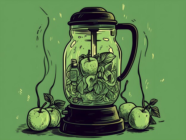 Un dessin d'un Juice Blender avec une pomme fraîche verte dessus