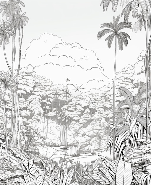 Photo un dessin d'une jungle avec des palmiers et une fontaine ai générative