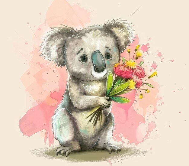 Photo un dessin d'un koala tenant un bouquet de fleurs