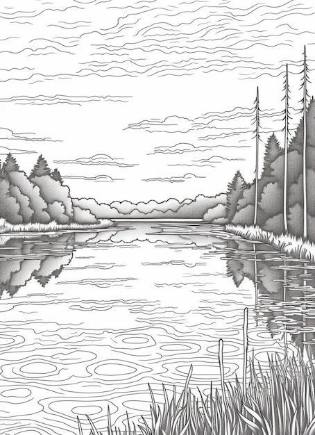 Photo un dessin d'un lac avec des arbres et de l'herbe au premier plan ia générative