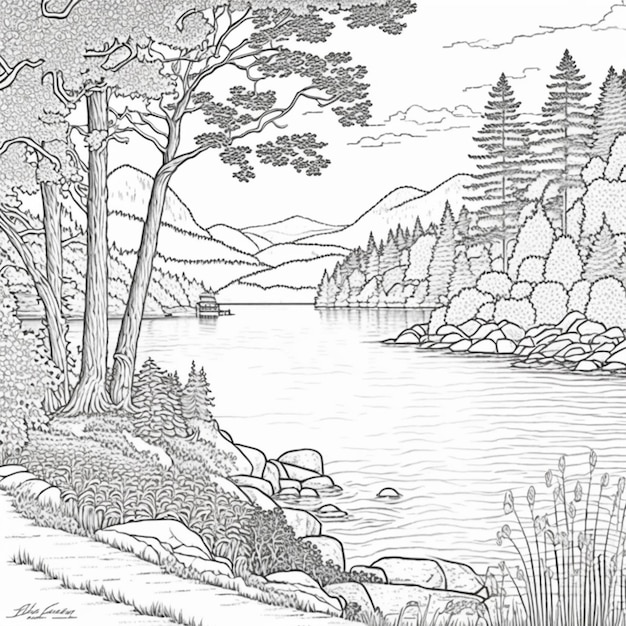 un dessin d'un lac avec des arbres et des rochers au premier plan