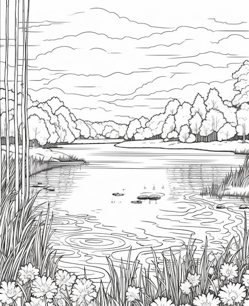 Photo un dessin d'un lac avec un bateau dedans et une forêt en arrière-plan ia générative