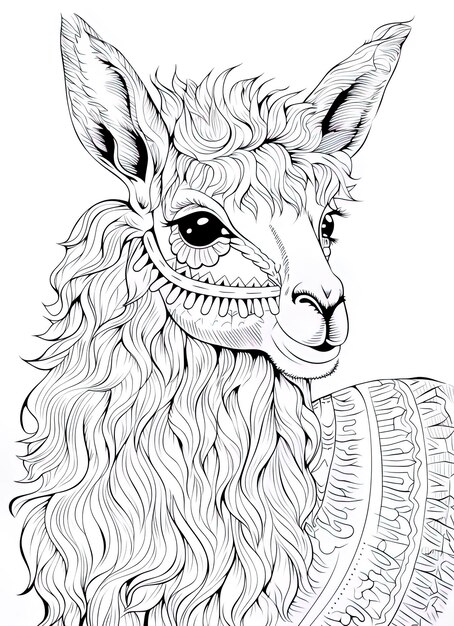 un dessin d'un lama avec un visage noir et blanc