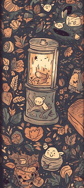 Un dessin d'une lanterne avec un chat dessus.