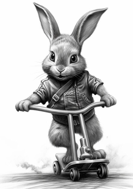 un dessin d'un lapin chevauchant un scooter avec une veste sur IA générative