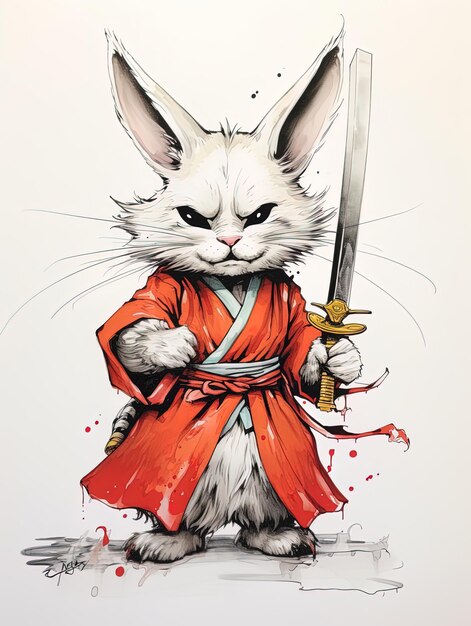 un dessin d'un lapin avec une épée à la main