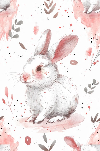 un dessin d'un lapin avec des fleurs roses et un fond de fleur rose