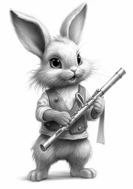 un dessin d'un lapin avec une flûte à la main IA générative