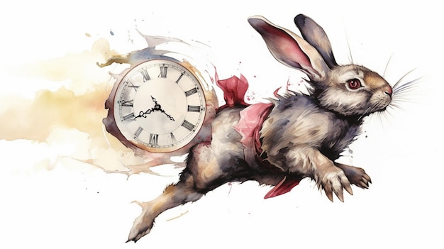 Un dessin d'un lapin avec une horloge dessus