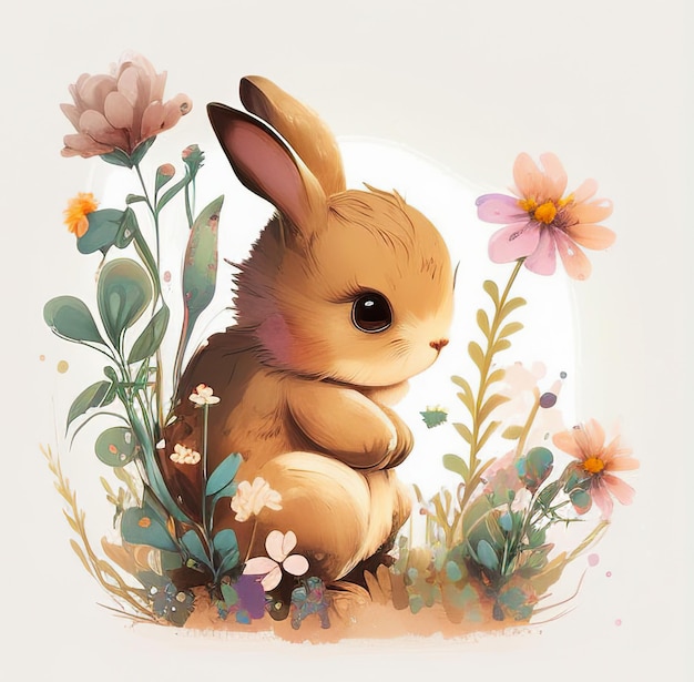 Photo dessin d'un lapin rouge avec des fleurs sur fond clair le concept de l'ia générée
