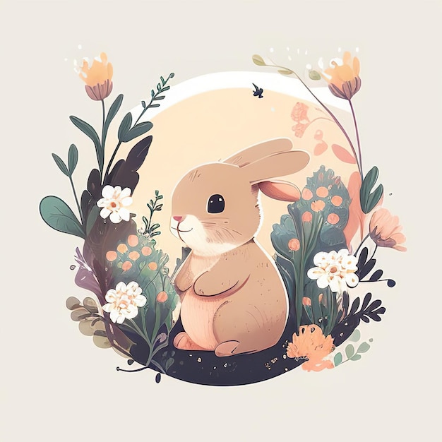 Dessin d'un lapin rouge avec des fleurs sur fond clair Le concept de l'IA générée