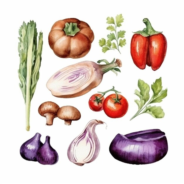 un dessin de légumes comprenant des oignons, des champignons et une betterave.