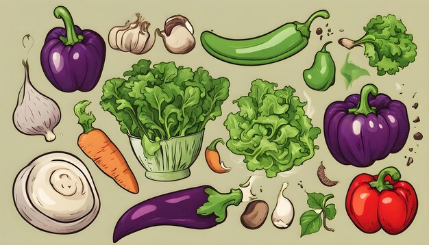 Photo un dessin de légumes, y compris des brocolis, des oignons, des carottes, des oigles et des oignions