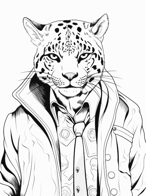 un dessin d'un léopard portant une veste et une cravate