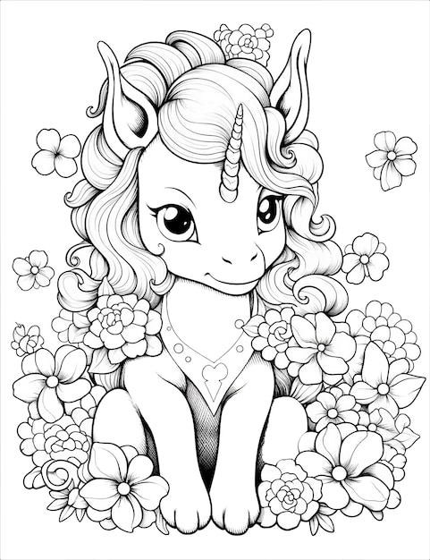 Un dessin d'une licorne avec des fleurs en arrière-plan