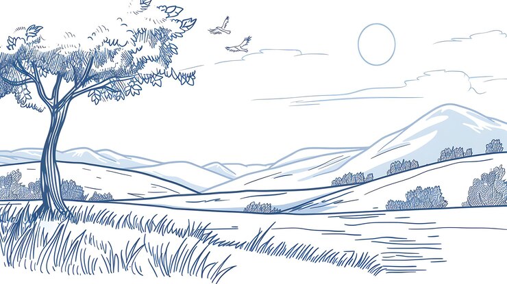 Dessin en ligne bleue et blanche d'un paysage rural avec un grand arbre au premier plan, des collines à l'arrière-plan et deux oiseaux volant au-dessus