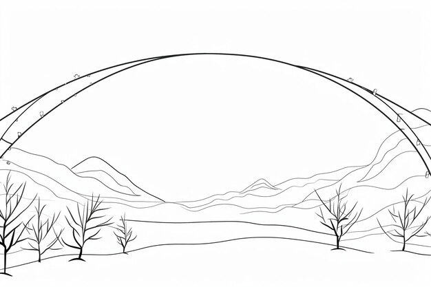 Photo dessin en ligne continue en noir et blanc d'une scène hivernale enneigée dans le nord-ouest du pacifique minimaliste