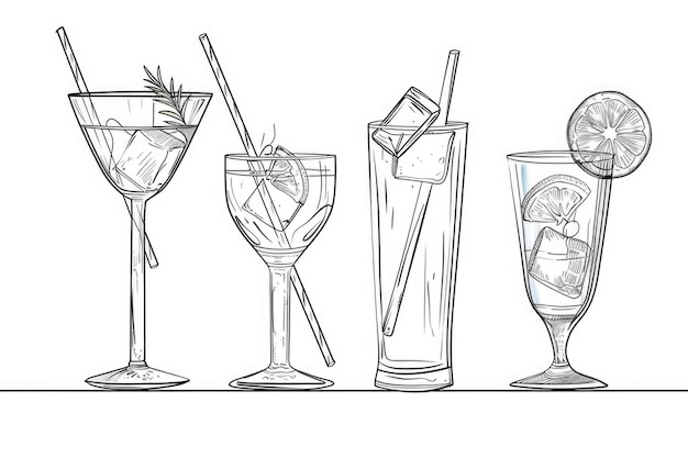 Photo un dessin en ligne de différents types de verres de cocktail adapté aux menus de bar ou aux recettes de boissons