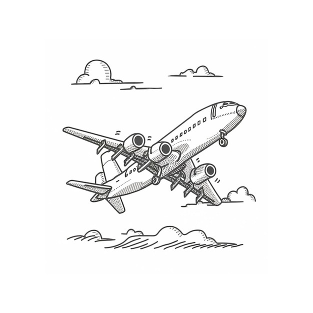 Dessin linéaire détaillé d'un avion volant