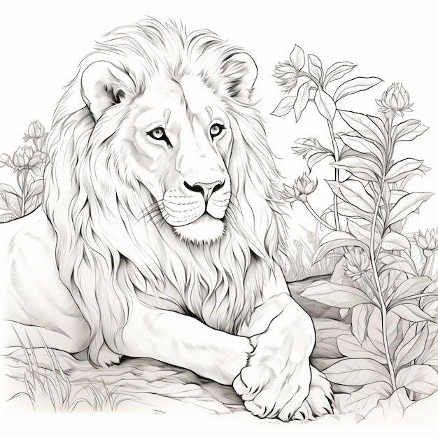 dessin d'un lion allongé dans l'herbe générative ai