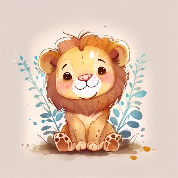 Un dessin d'un lion assis sur un fond rose.