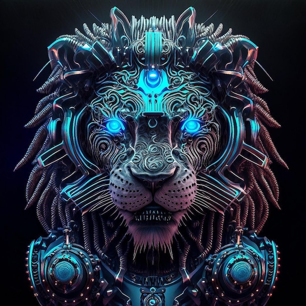 Un dessin d'un lion aux yeux bleus et un fond noir.