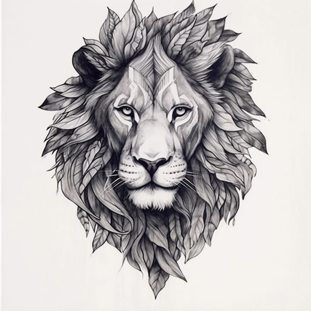 un dessin d'un lion avec des feuilles sur sa tête