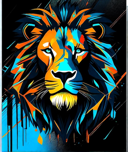 Un dessin d'un lion avec un fond bleu et orange.