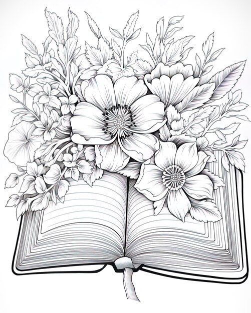 un dessin d'un livre avec des fleurs dessus