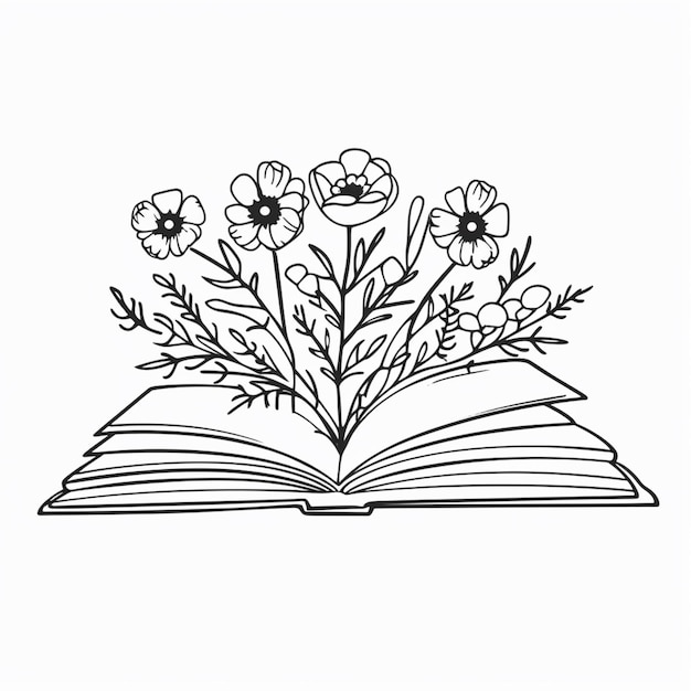 un dessin d'un livre ouvert avec des fleurs dessus IA générative