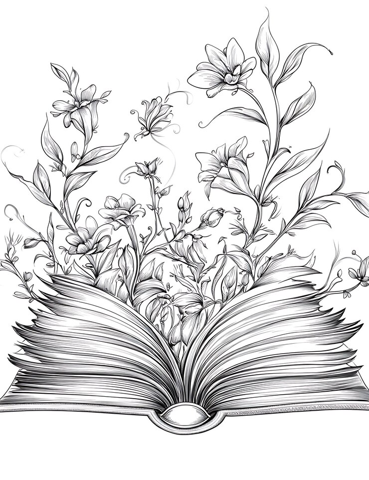 Photo un dessin d'un livre ouvert avec des fleurs et des feuilles dessus