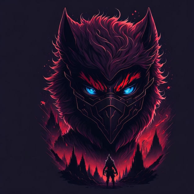 Un dessin d'un loup aux yeux bleus et un fond noir.