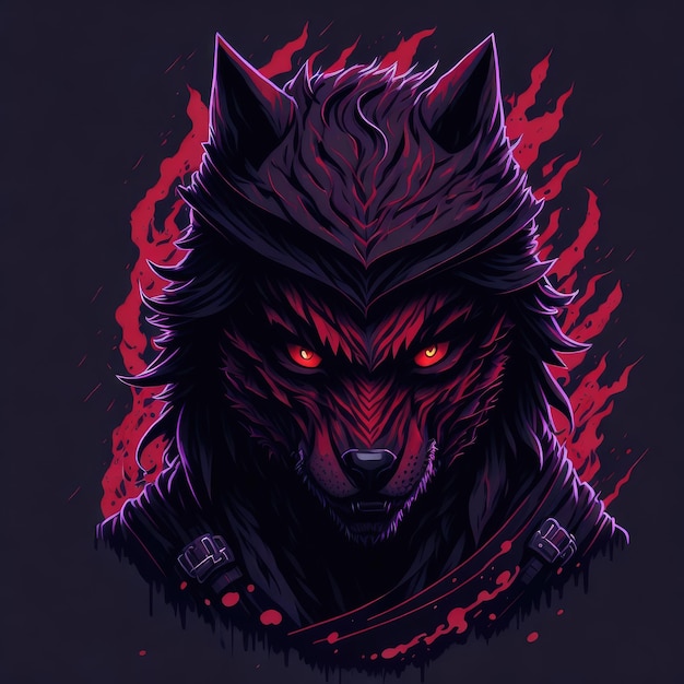 Un dessin d'un loup aux yeux rouges et un fond noir