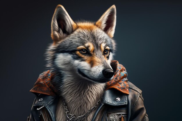 Dessin d'un loup portant une veste en cuir et un bandana autour du cou Generative AI