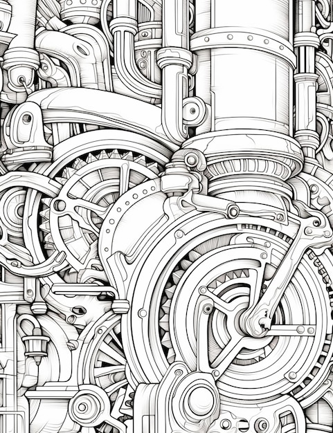 un dessin d'une machine avec des engrenages et des tuyaux dessus IA générative