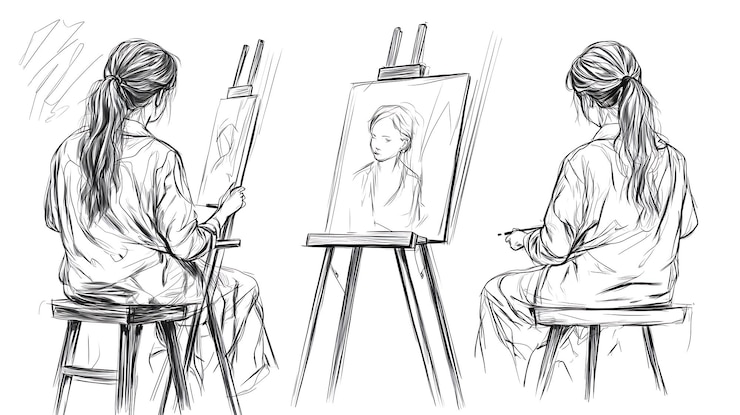 Photo dessin à la main d'un artiste peignant un portrait dans son atelier