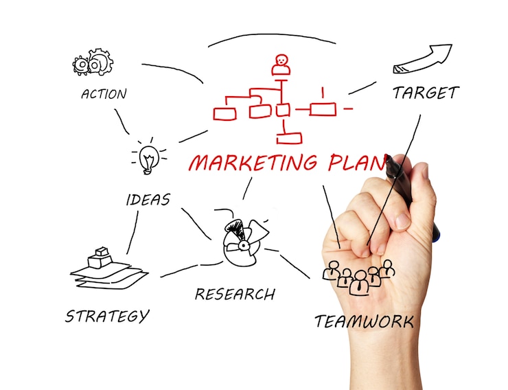 Photo dessin à la main de l'homme concept de plan de marketing sur ordinateur portable blanc