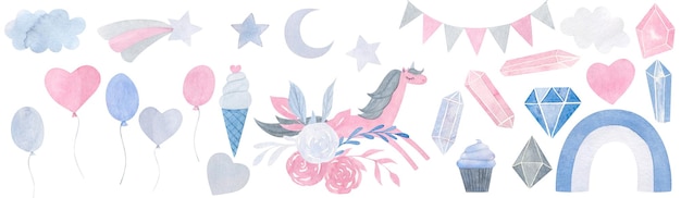 Dessin à la main illustration pour enfants aquarelle clipart avec des diamants de fleurs de licorne mignon