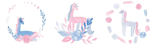 Dessin à la main illustration pour enfants aquarelle clipart avec des diamants de fleurs de licorne mignon