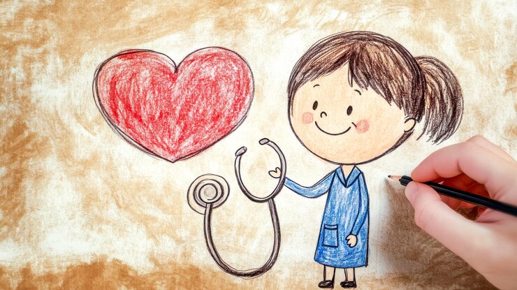 Dessin à la main d'une jeune médecin avec un stéthoscope et un symbole de cœur