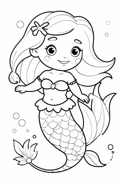 Photo dessin à la main mermaid mignonne livre à colorier illustration line art arrière-plan blanc