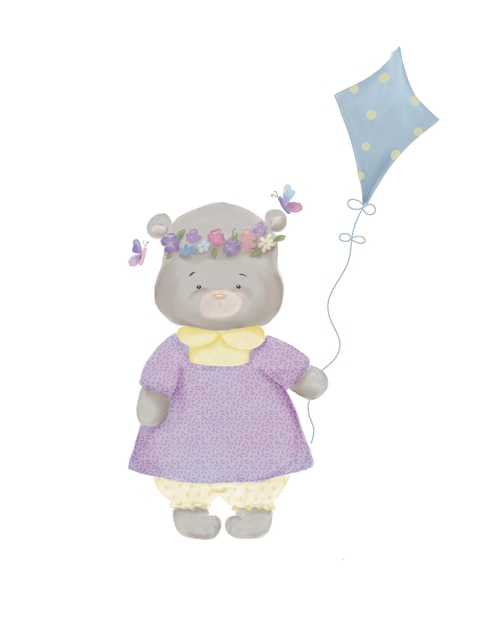 dessin à la main d'un ours mignon de bande dessinée dans une robe et avec des fleurs et des papillons