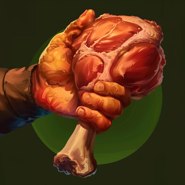 Photo un dessin d'une main tenant une grosse viande avec un cercle vert au milieu